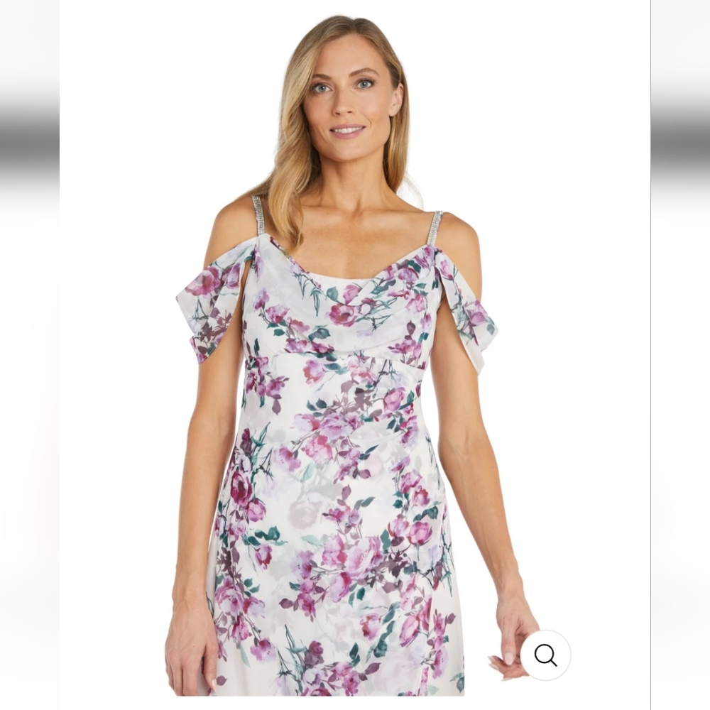 R&M Richards Rhinestone Off the Shoulder Floral Dress. White/ Purple/Green. 16 - Picture 4 of 16